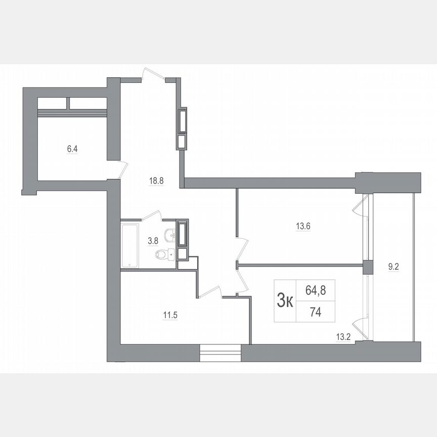 2-к. апартаменты, 75,5 м², 9/12 эт.