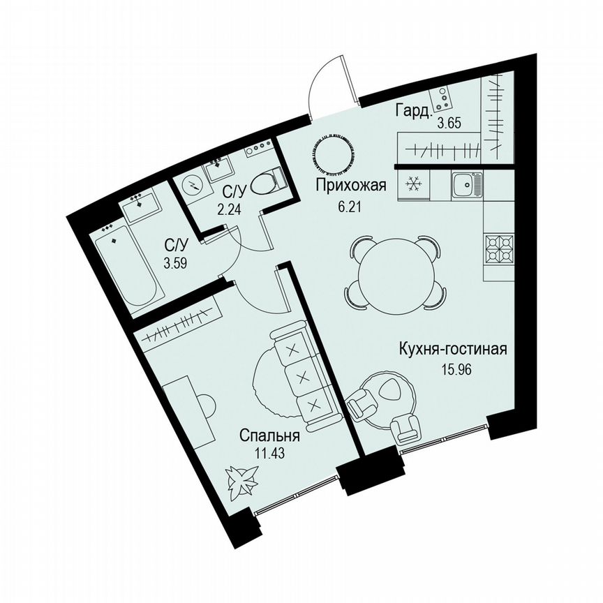 1-к. квартира, 43,1 м², 2/6 эт.