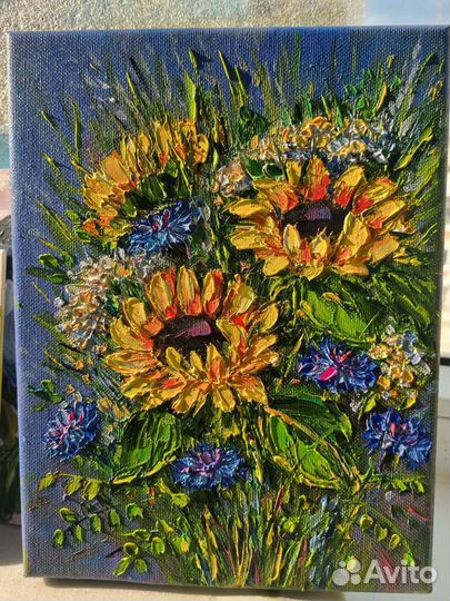 Картина маслом подсолнухи васильки цветы