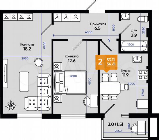 2-к. квартира, 54,6 м², 3/9 эт.