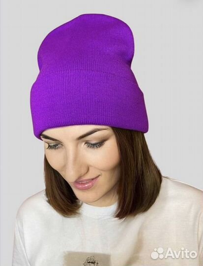 Шапка фиолетовая бини женская вязаная шерстяная