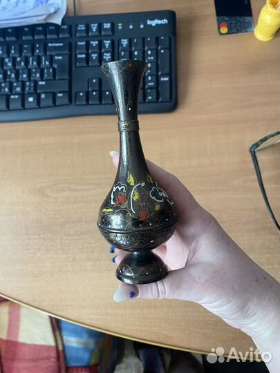 Вазочка латунь времен СССР, ручная роспись