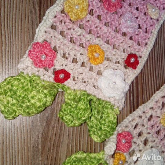 Вязаный шарф ажурный с цветами ручная работа