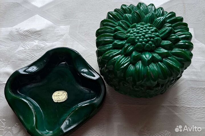 Винтажная шкатулка+пепельница. Малахитовое стекло