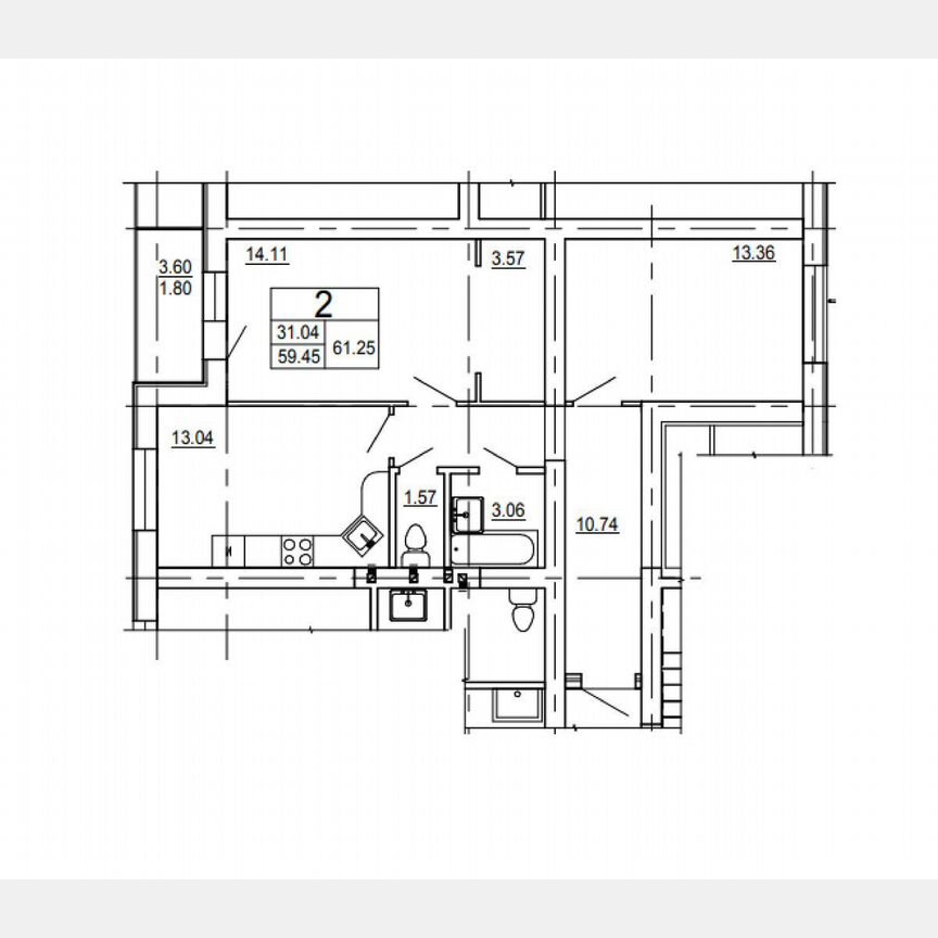 2-к. квартира, 61,3 м², 1/3 эт.
