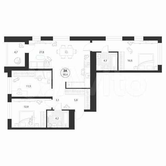 3-к. квартира, 90,4 м², 12/22 эт.