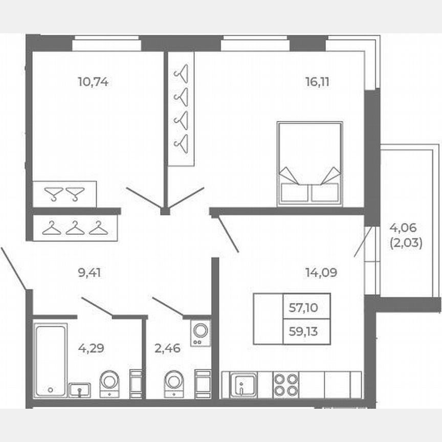 2-к. квартира, 57,1 м², 4/4 эт.