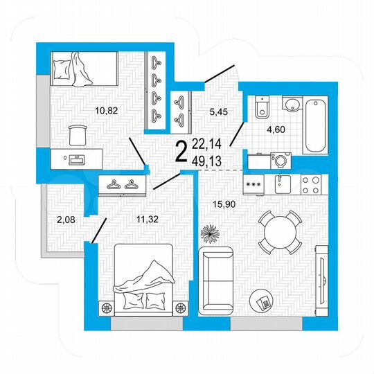 2-к. квартира, 49,1 м², 7/26 эт.