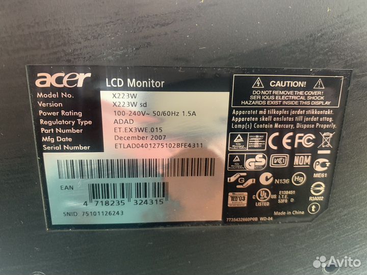 Монитор Acer X223w 60 hz