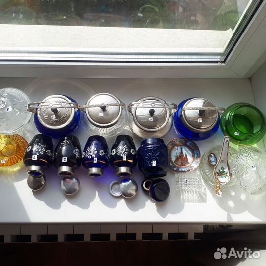 Сахарницы цветное стекло, Чайницы, Тарелка, Ложка