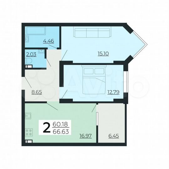 2-к. квартира, 66,6 м², 6/24 эт.