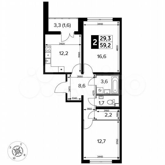 2-к. квартира, 59,2 м², 21/24 эт.