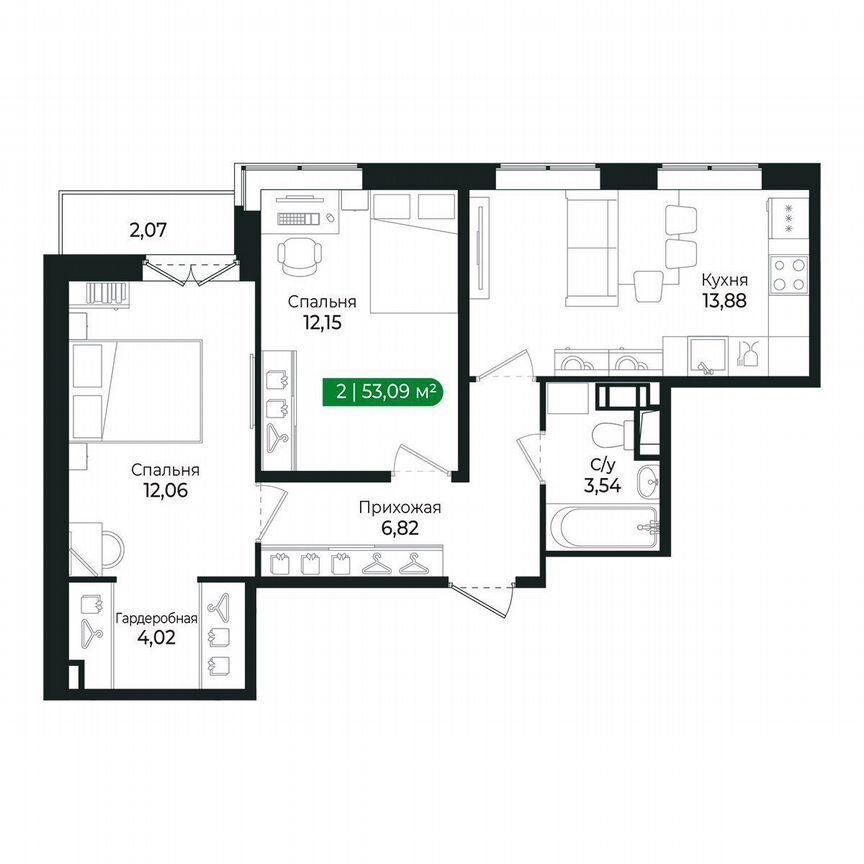 2-к. квартира, 53,1 м², 6/8 эт.