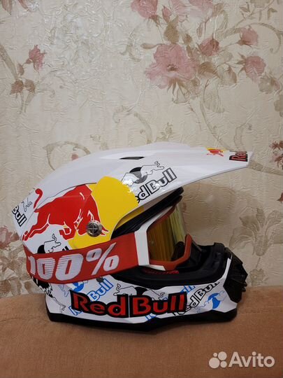 Мото Шлем с очками Кроссовый RedBull Новый Белый