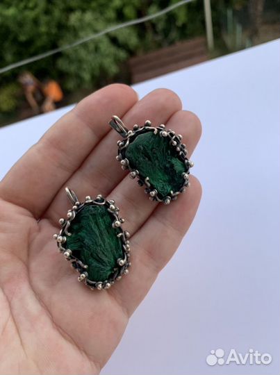 Серьги серебрянные с кристаллическим малахитом