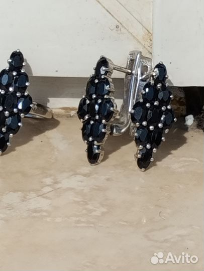 Серьги кольцо серебро 925 природный сапфир