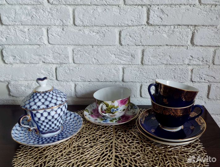 Чайный фарфоровый сервиз лфз СССР, золотой кобальт