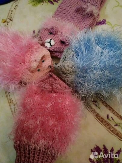 Шерстяные варежки голубой и розовый ёжики