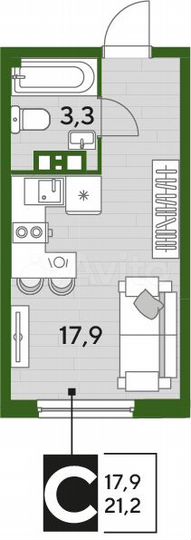 Квартира-студия, 21,2 м², 6/16 эт.