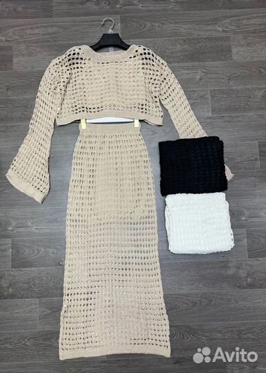 Вязаный костюм сетка юбка и кроп топ (3 цвета)