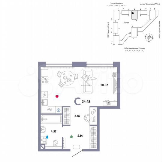 Квартира-студия, 34,5 м², 7/20 эт.