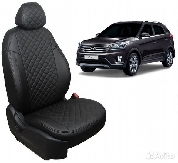 Чехлы из экокожи Ромб черные на Hyundai Creta