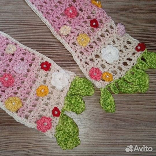Вязаный шарф ажурный с цветами ручная работа