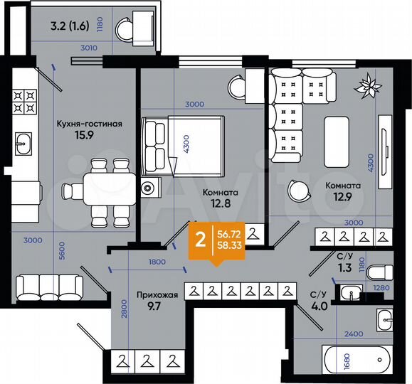 2-к. квартира, 58,3 м², 9/9 эт.