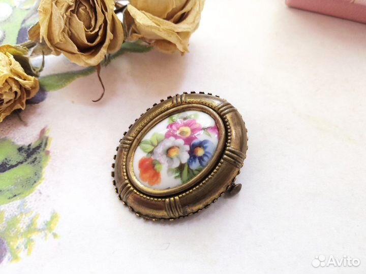 Брошь, винтаж, фарфор, финифть, Англия