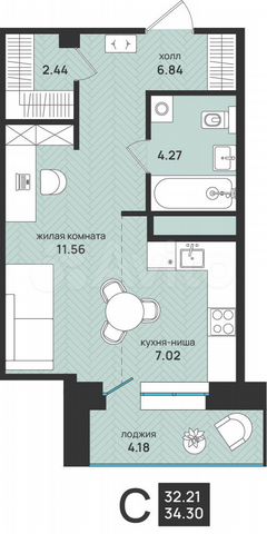 Квартира-студия, 34,3 м², 9/13 эт.