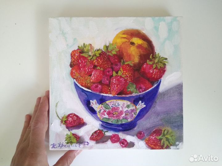 Картина ягоды клубника в чашке маслом 20*20 см