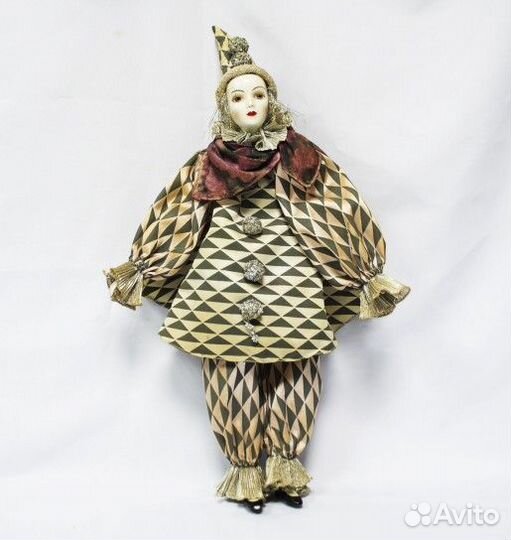 Кукла Арлекин в розово-зеленом, фарфор, Германия