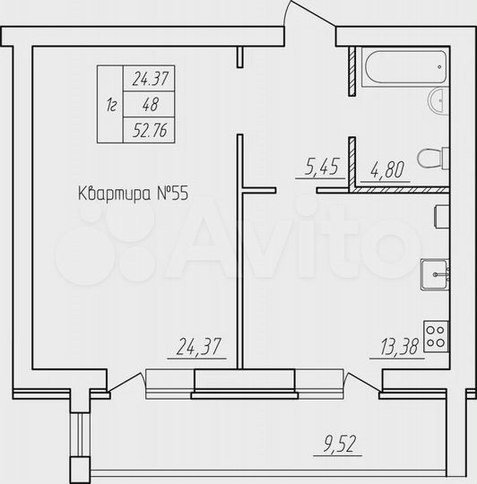 1-к. квартира, 52,8 м², 5/5 эт.