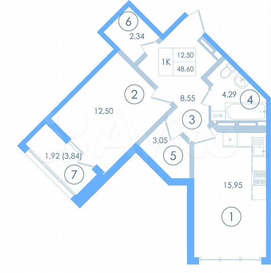 1-к. квартира, 48,6 м², 7/13 эт.