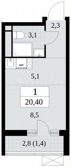 Квартира-студия, 20,4 м², 14/15 эт.