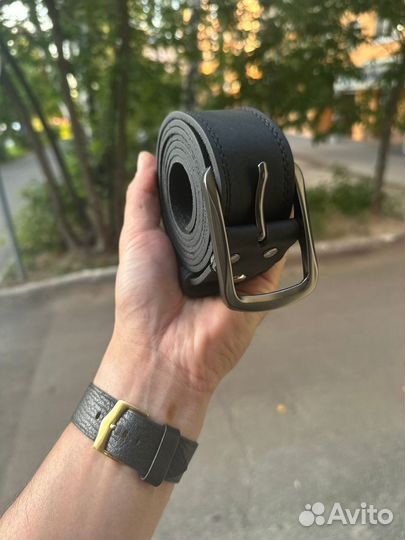 Широкий мужской ремень из натуральной кожи с фио