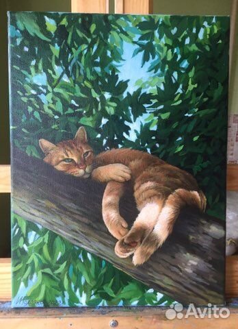 Картина маслом кошки коты(кот на дереве)