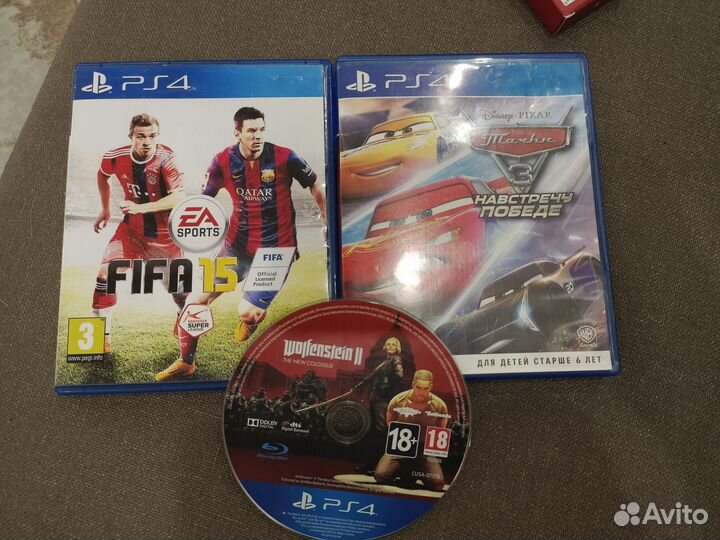 Игры на PS4 диски тачки, fifa15, Wolfenstein 2