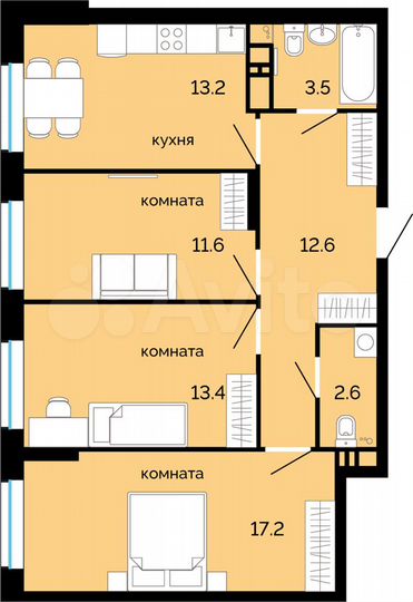 3-к. квартира, 74,1 м², 7/25 эт.