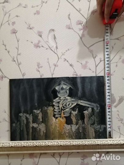 Картина маслом на холсте. Скилет и свечи
