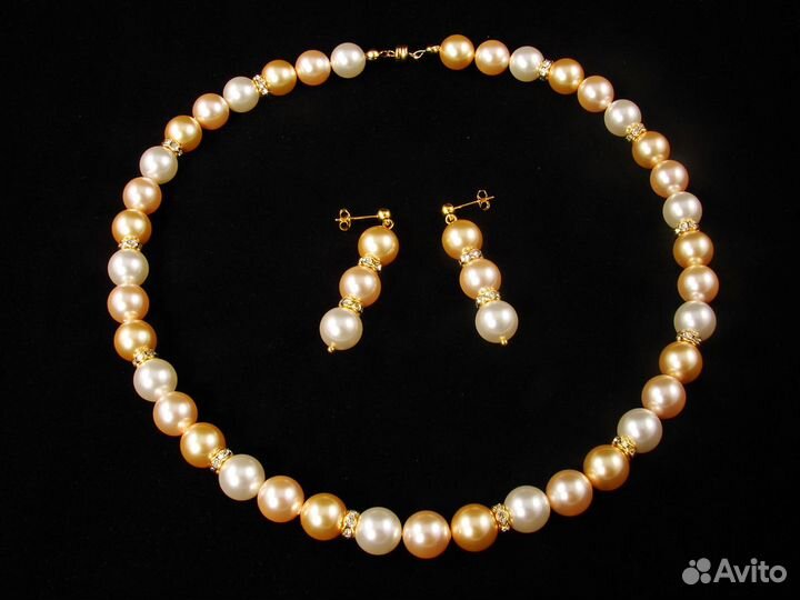 Комплект Жемчуг персик-золото-крем (бусы + серьги)