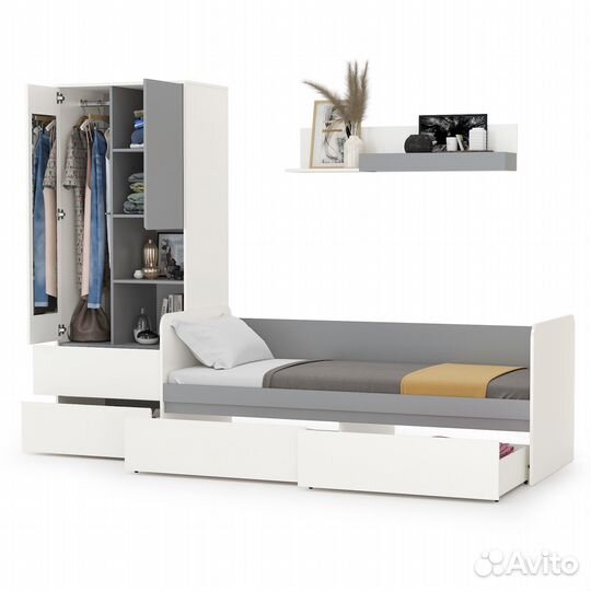 Детская мебель Торонто № 20, цвет белый шагрень/стальной серый, шхгхв 274х84,4х195,7 см., спальное м