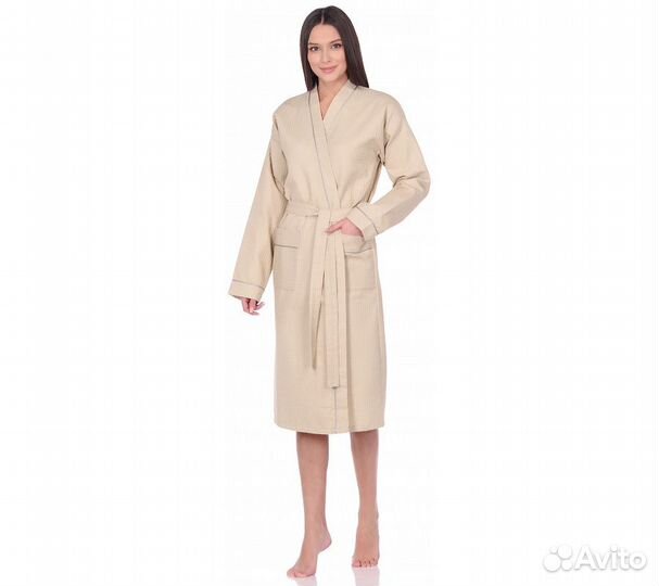 Халат вафельный Home One с кантом бежевый 60