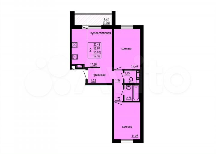 2-к. квартира, 55 м², 1/10 эт.