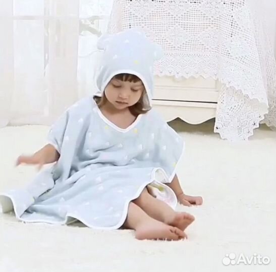 Полотенце пончо накидка муслиновая с капюшоном дет