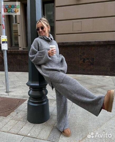 Костюм двойка женский серый оверсайз вязаный
