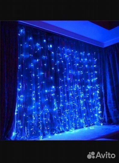Штора гирлянда синяя