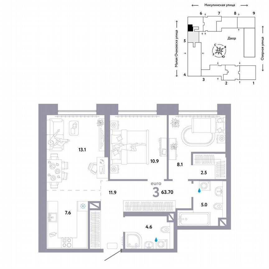 2-к. квартира, 63,7 м², 9/30 эт.