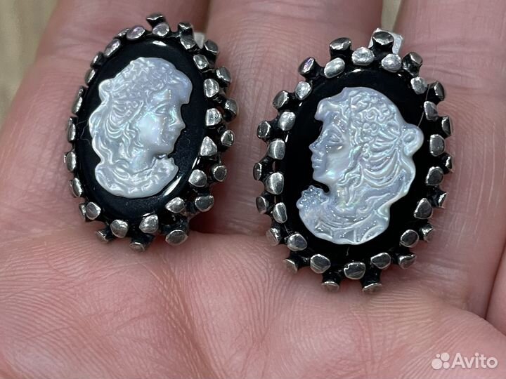 Серебряные серьги камея, перламутр