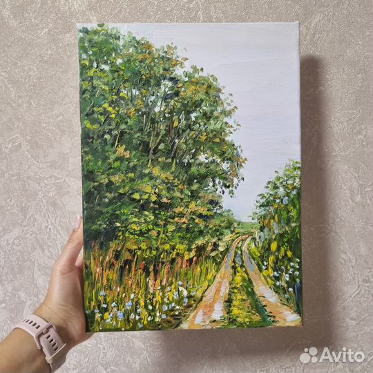 Пейзаж летний деревья маслом природа цветы холст
